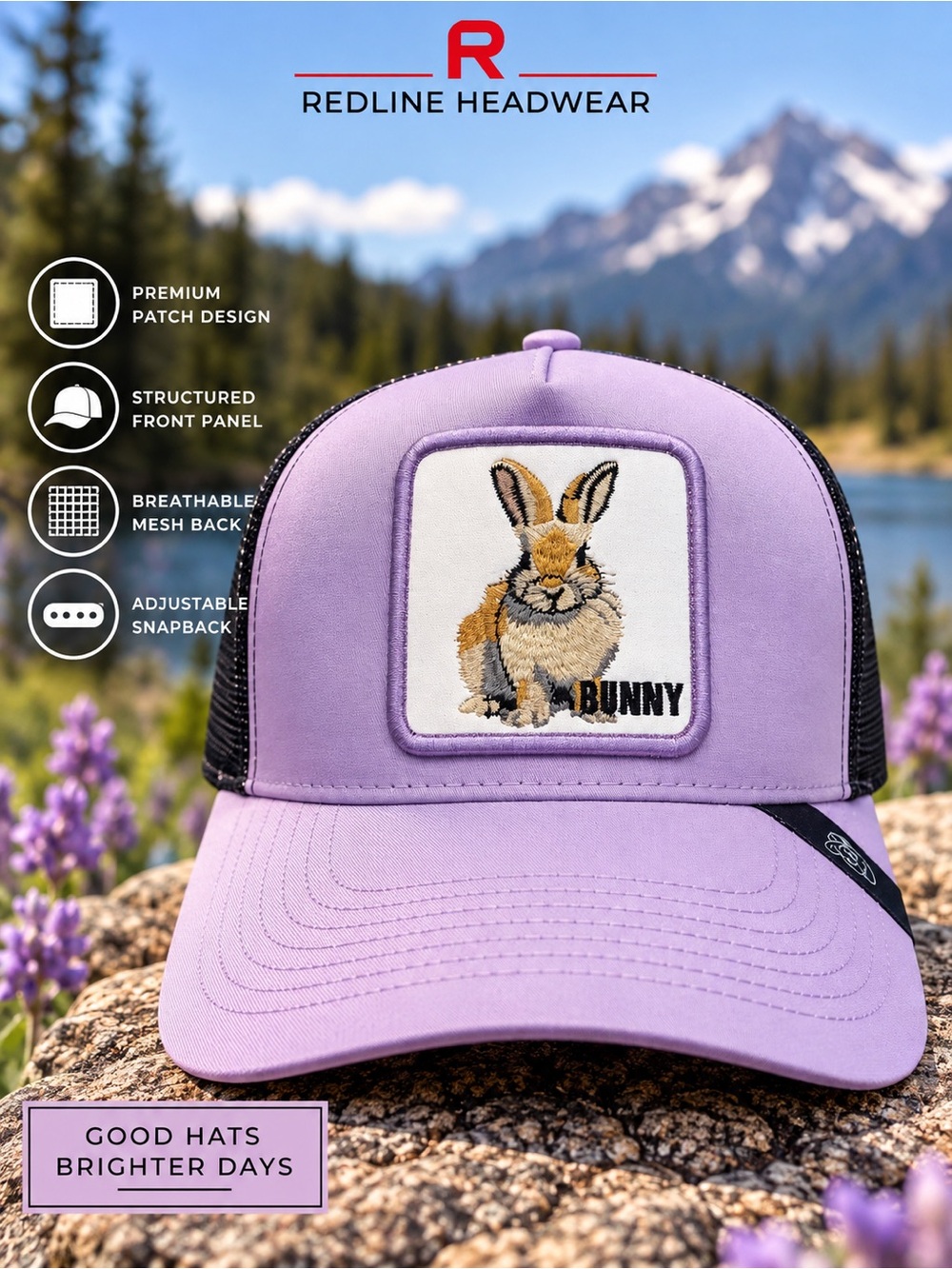 Lavender Bunny Patch Trucker Hat – Embroidered Rabbit Snapback Cap